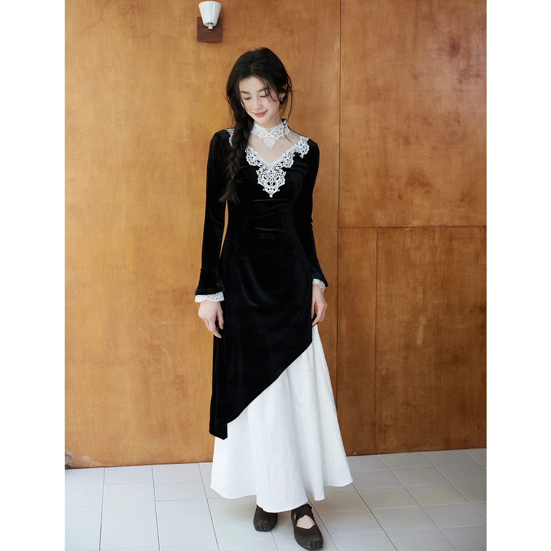 贰羊设计【矜慕】新中式丝绒黑色连衣裙女假两件裙子冬季加厚长裙