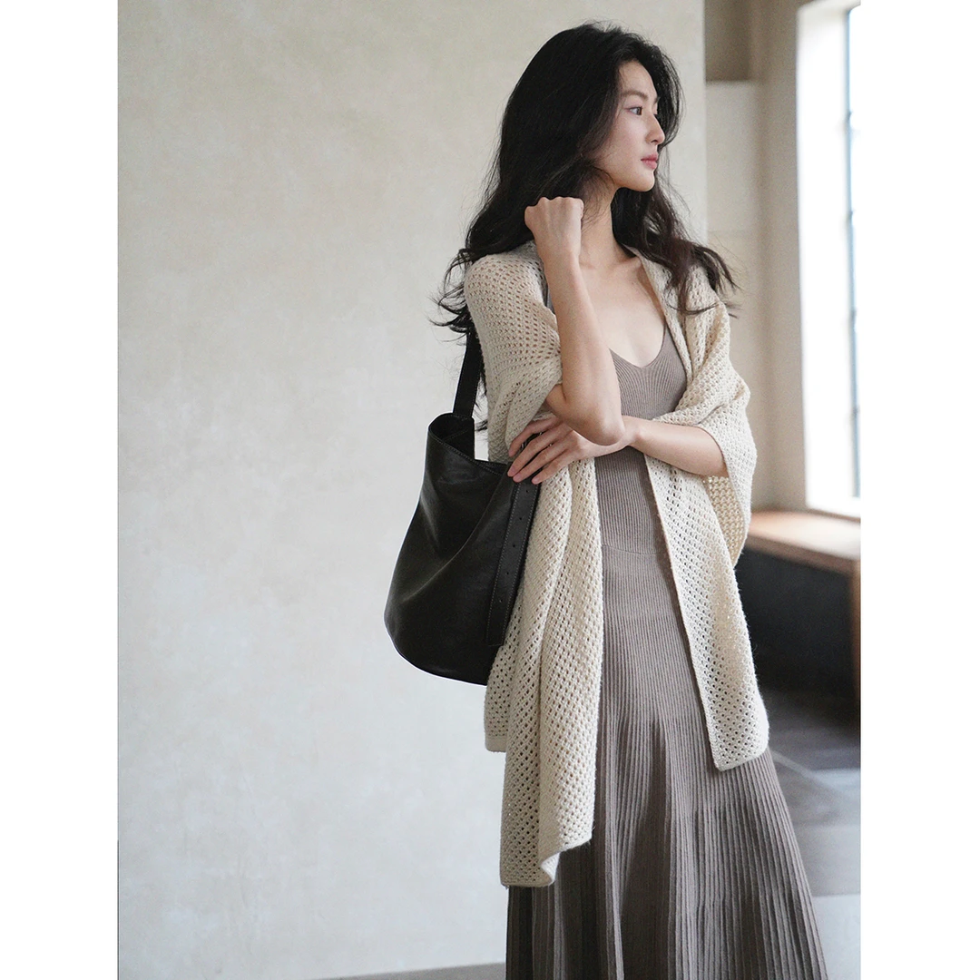 贰羊设计【雪茶】国风新中式秋冬氛围感棉羊毛百搭针织镂空披肩女