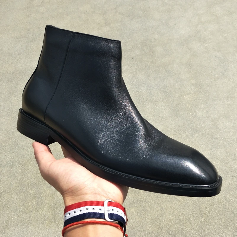 秋冬新款英伦潮流方头拉链男士短靴头层牛皮时装靴高帮皮鞋