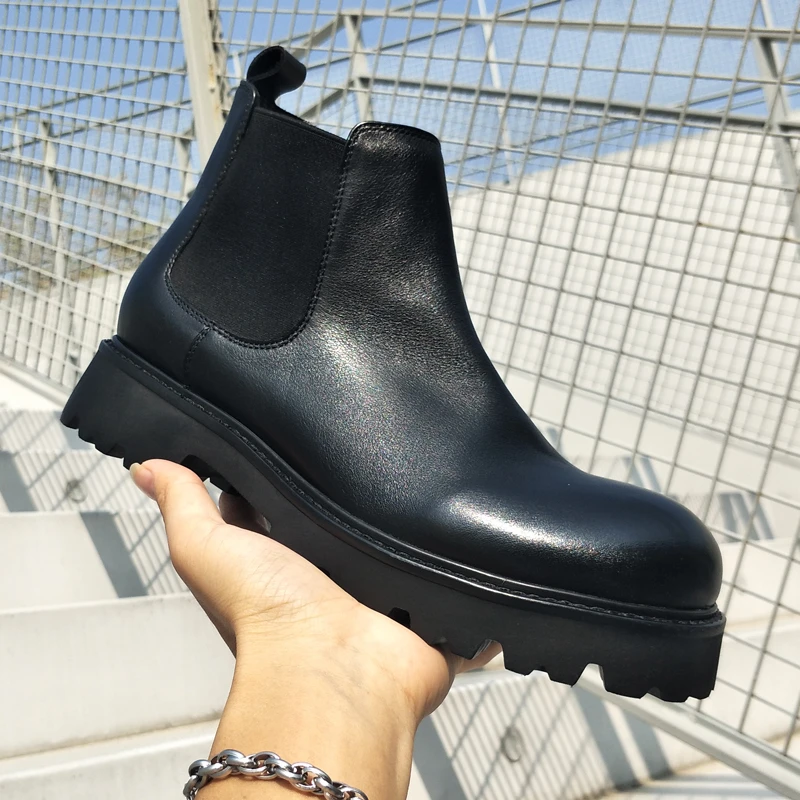 秋季新款欧美潮流厚底轻质套筒圆头高帮皮鞋全牛皮切尔西靴