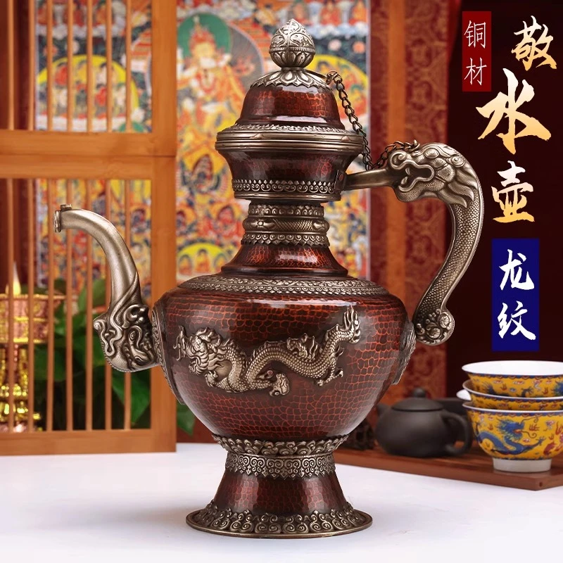 藏式尼泊尔吉祥纯铜敬净水壶格桑花手工白铜双龙雕酥油茶家用摆件