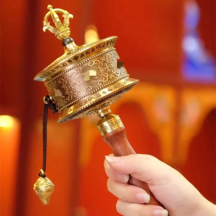 藏式手摇转轮经筒随身纯铜六字八吉祥浮雕铜材手摇转筒家居摆件