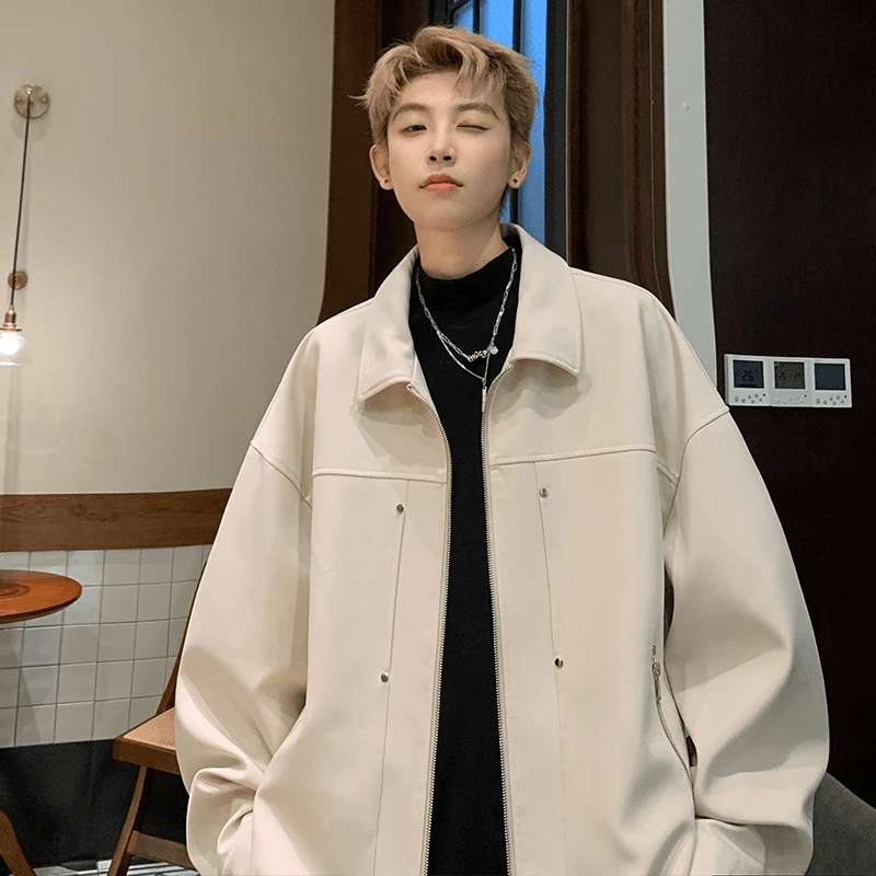 高级感杏色外套男秋季宽松翻领痞帅行政夹克潮牌大码铆钉休闲褂子