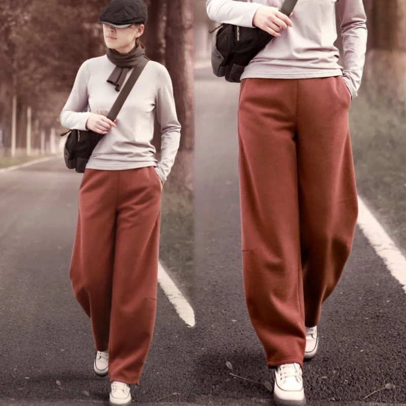 秋冬新款休闲百搭运动休闲裤加厚宽松显瘦高腰弯刀裤文艺复古长裤