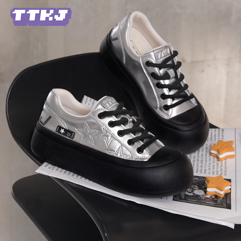 TTKJ银色厚底鞋2025春季新款丑萌大头鞋子增高百搭星星休闲运动鞋