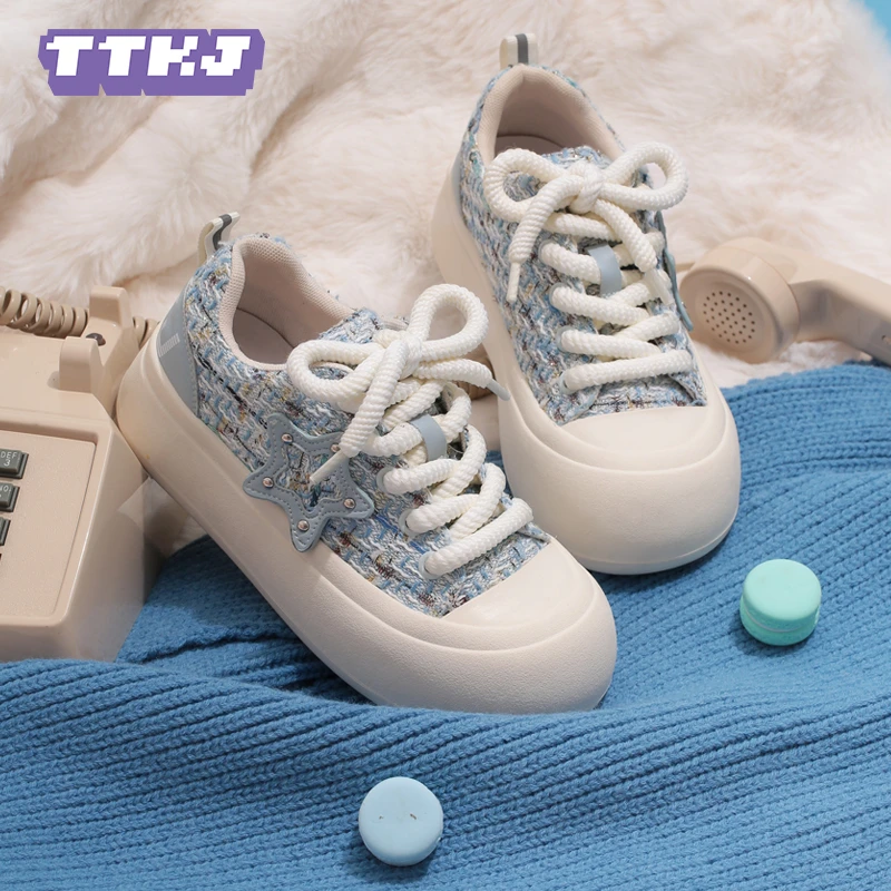 【520礼物】TTKJ小香风风格胖星鞋女鞋25春款大头厚底增高小白鞋