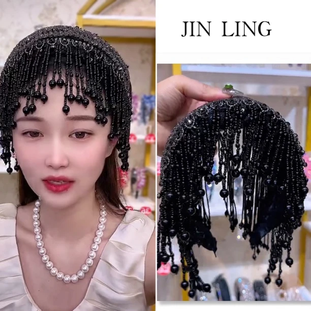 津玲黑色双面流苏珍珠手工缝制高级感满钻轻奢民族风发饰发箍