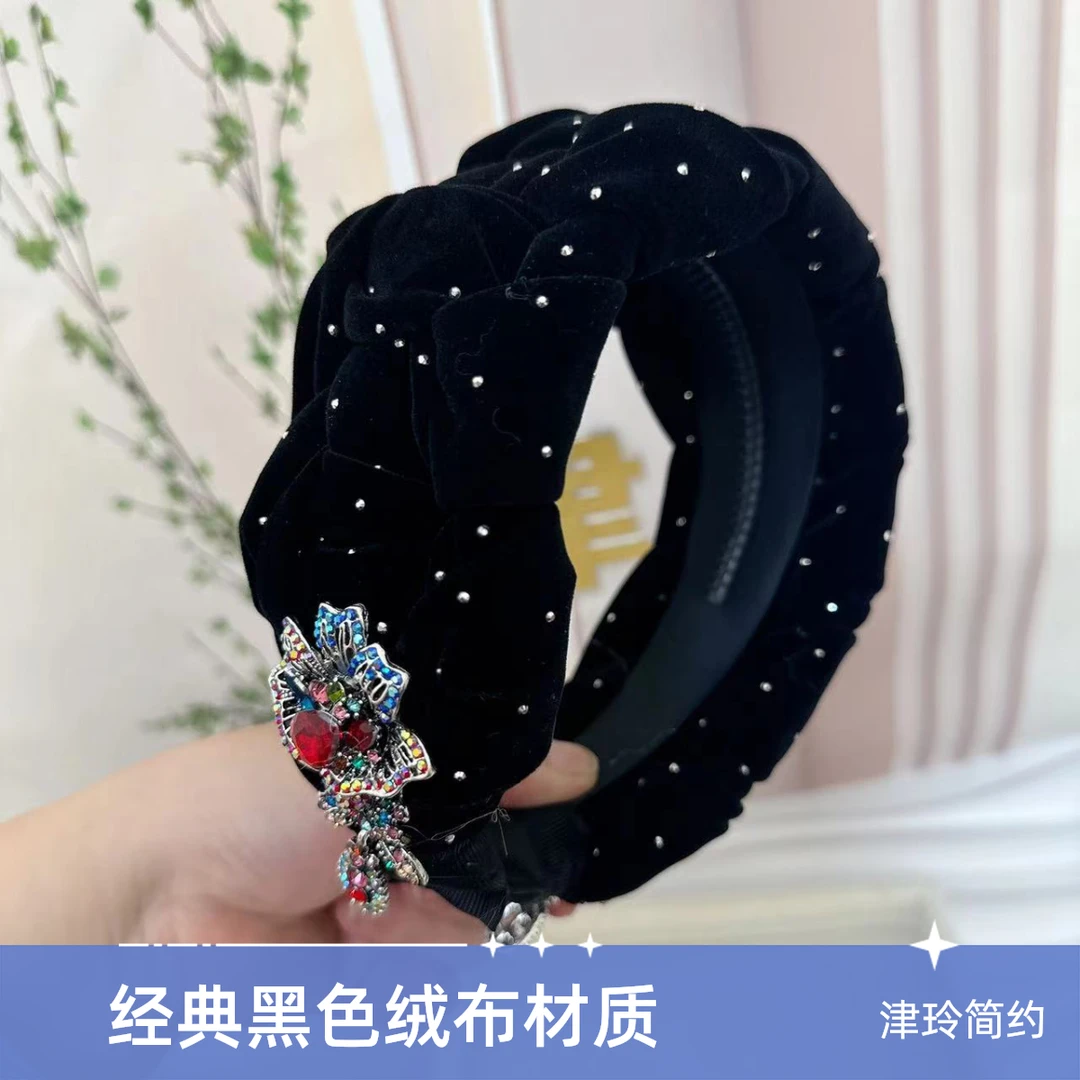 津玲【花束】镶钻宽边黑色金丝绒宽边简约日常秋冬发箍时尚洋气发饰