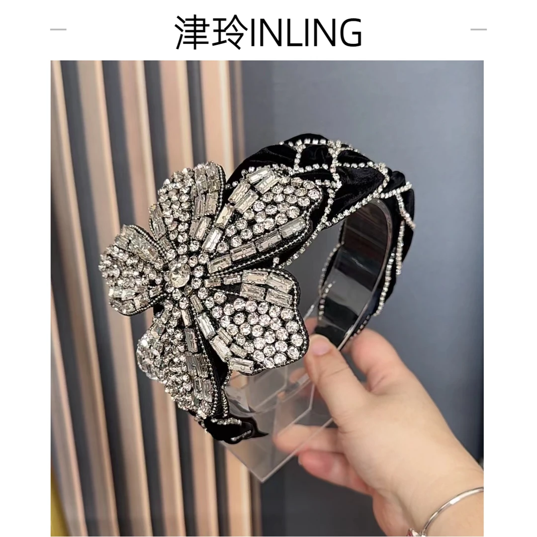 津玲【四季花朵】轻奢满钻宽边黑色手工小香风百搭高端发箍洋气发饰