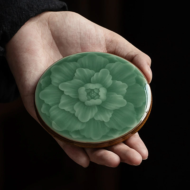 手作金玉满堂陶瓷手工家用中式盖置青瓷杯垫文人雅器雕刻莲花茶道