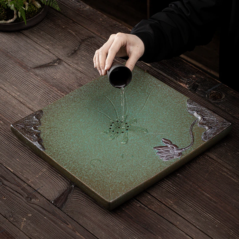 窑变复古茶盘简约鎏金陶瓷家用正方形蓄水排水一体茶海茶台干泡盘