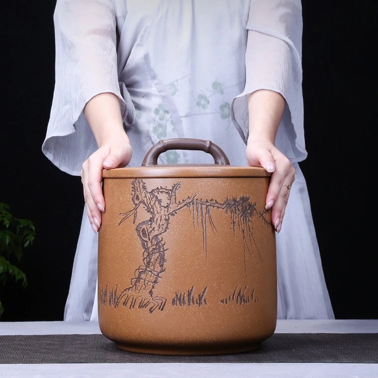 大容量紫砂茶叶罐醒茶大号储存手工刻绘密封陶瓷罐储物罐厂家批发