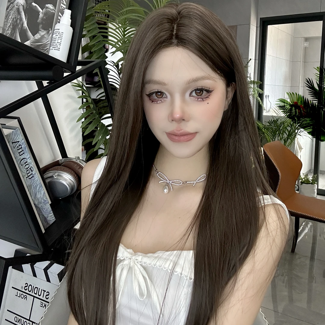 【白月光】手织五排前额蕾丝黑茶色百搭气质全头套假发