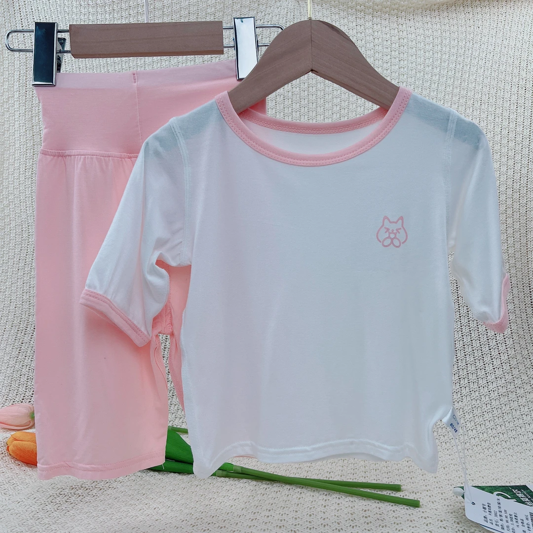季末清仓3002宝宝超薄短袖天丝莱赛尔高腰护肚婴童套装