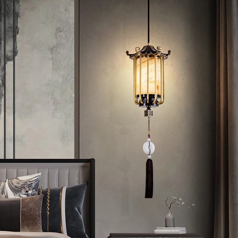 全铜新中式吊灯古典卧室床头小吊灯过道灯走廊茶室中国风玉石灯具