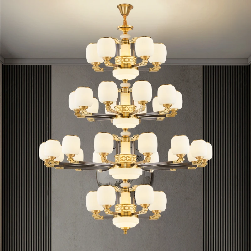 新中式全铜玉石客厅吊灯奢华大气家用别墅复式楼餐厅书房酒店灯具