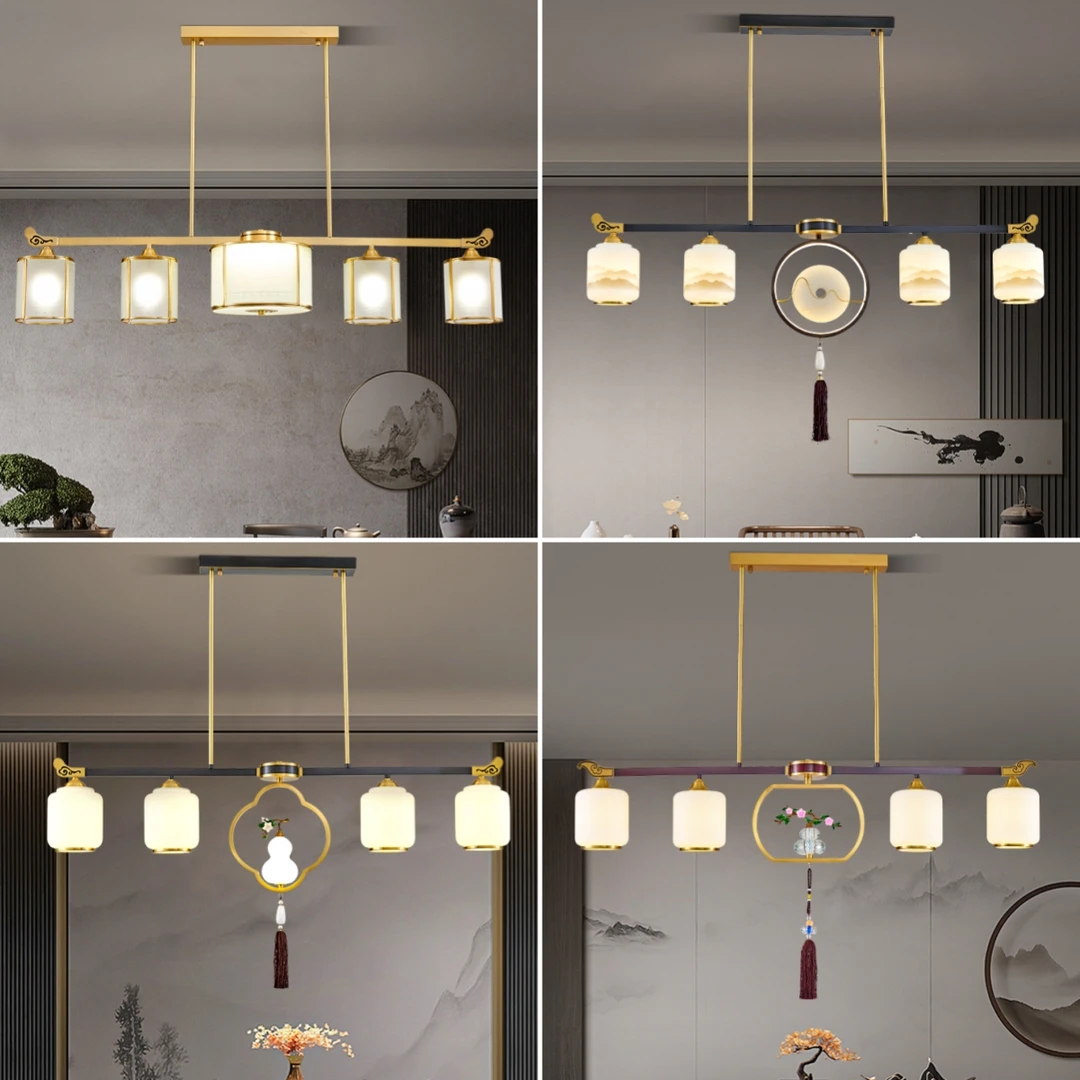 新中式餐厅吊灯禅意长条中国风直盘书房茶台三头全铜吧台茶室吊灯