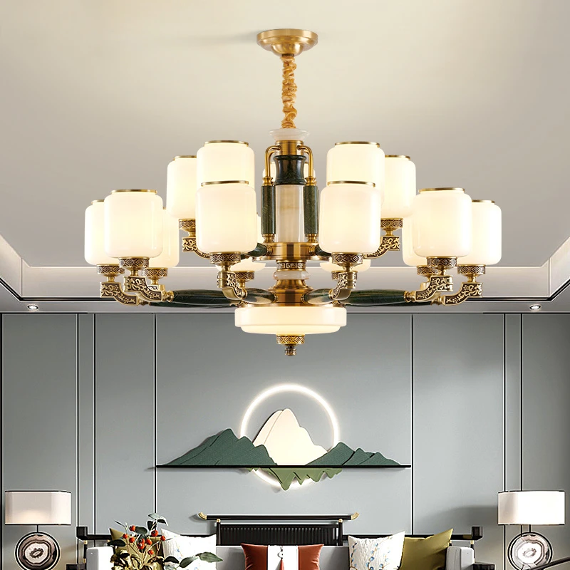新款全铜翡翠玉石客厅餐厅大厅吊灯大气别墅复式楼新中式高端灯具