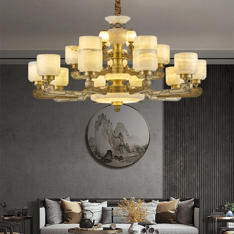 新中式客厅全铜玉石吊灯新款中国风大气别墅卧室餐厅灯具
