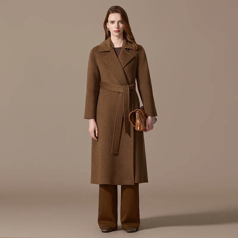 阿拉善沙漠骆驼~有内衬100骆驼绒毛呢外套秋冬中长款M家大衣女