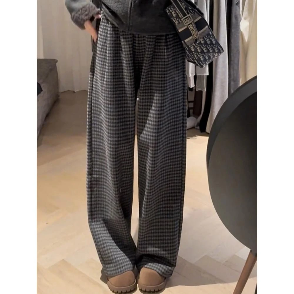 黑灰格子毛呢阔腿裤女2024秋冬新款垂感宽松高腰显瘦拖地裤休闲裤