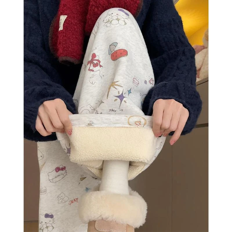 卡通kt猫涂鸦羊羔绒运动裤女冬季高腰宽松休闲阔腿裤加绒加厚卫裤