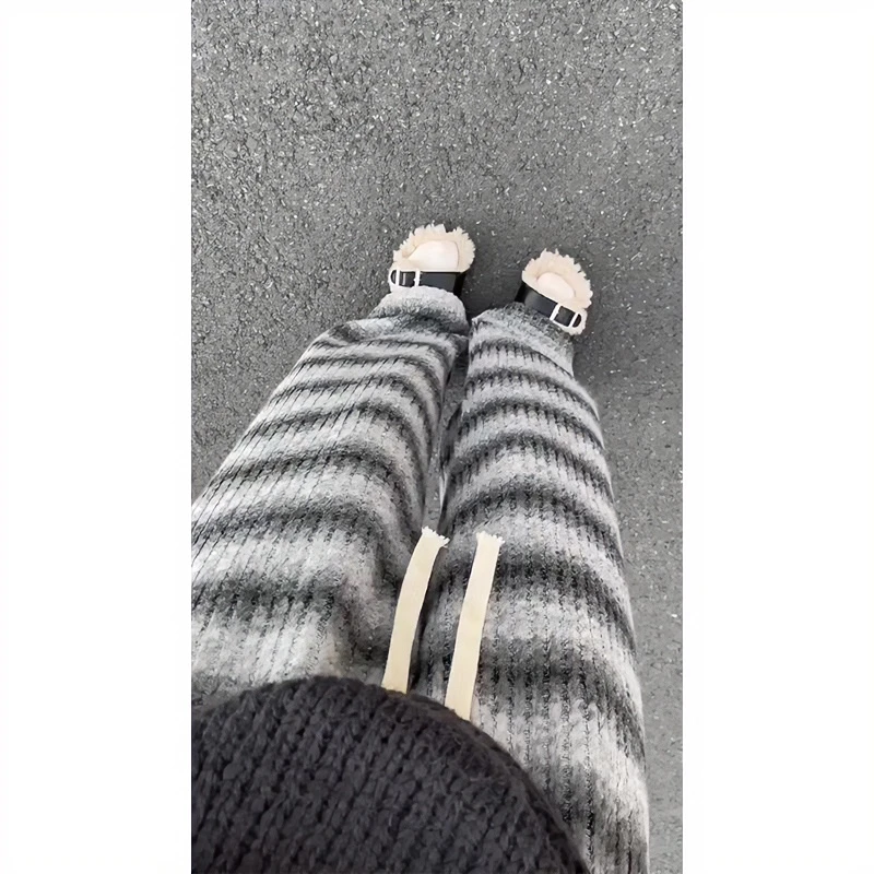 灰色坑条阔腿裤女秋冬加绒加厚慵懒设计感撞色高腰显瘦宽松休闲裤