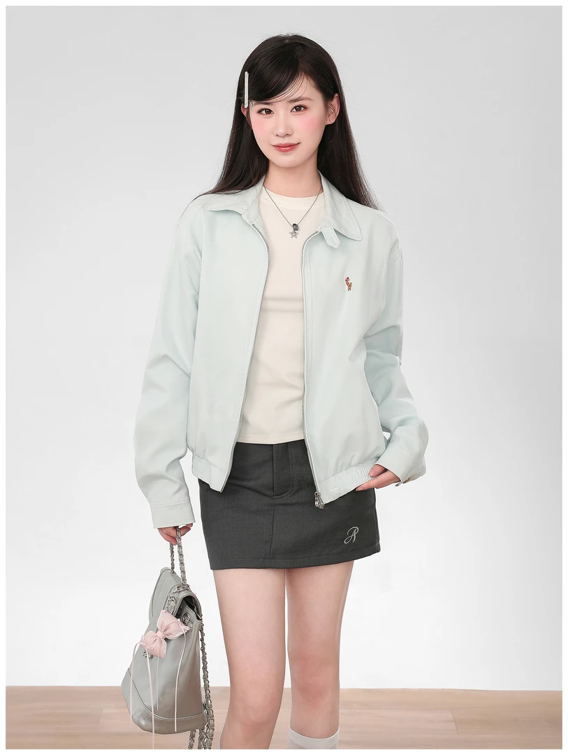 蓝色工装短款外套女春秋款2024新款小个子polo领拉链夹克开衫早秋