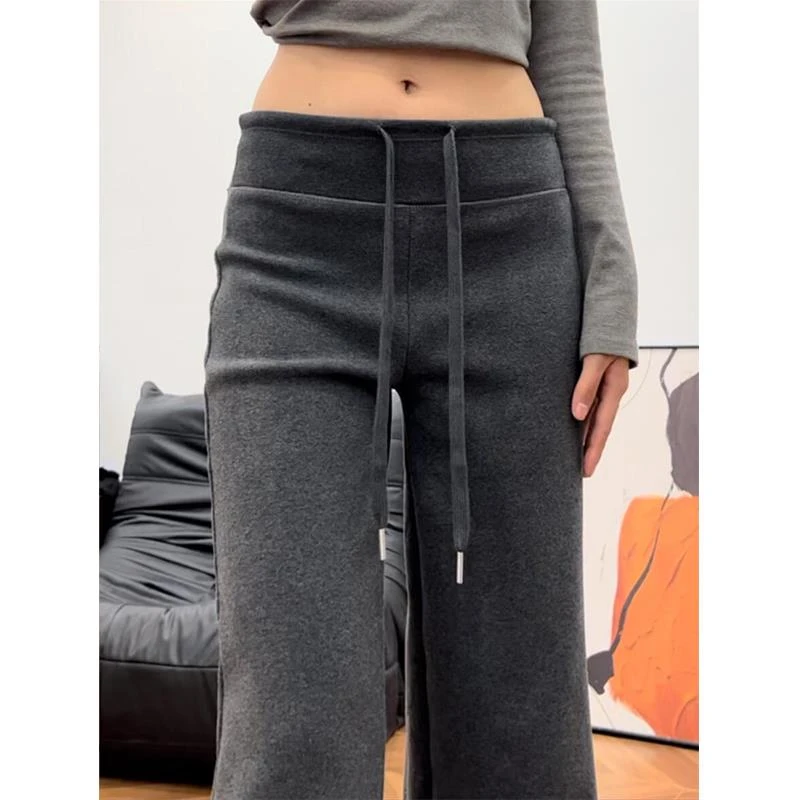 设计感抽绳显瘦加绒阔腿裤女秋冬2024新款加厚高腰运动休闲直筒裤