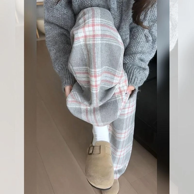 韩系慵懒ins拖地格子阔腿裤2024年冬新款高腰垂感百搭显瘦休闲裤