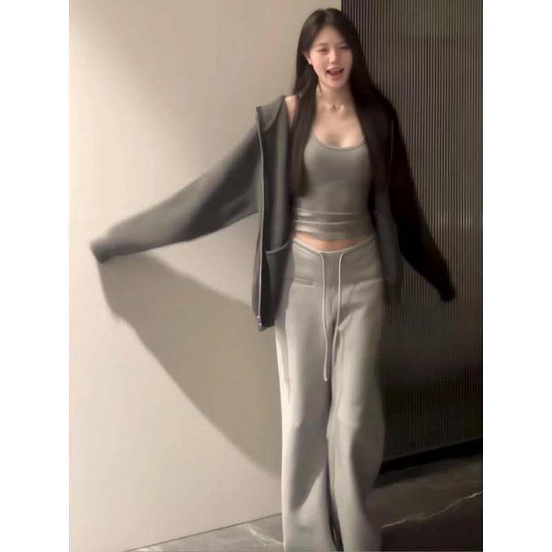 国潮牌复古灰色高腰休闲裤女春秋冬宽松阔腿加厚保暖百搭直筒长裤