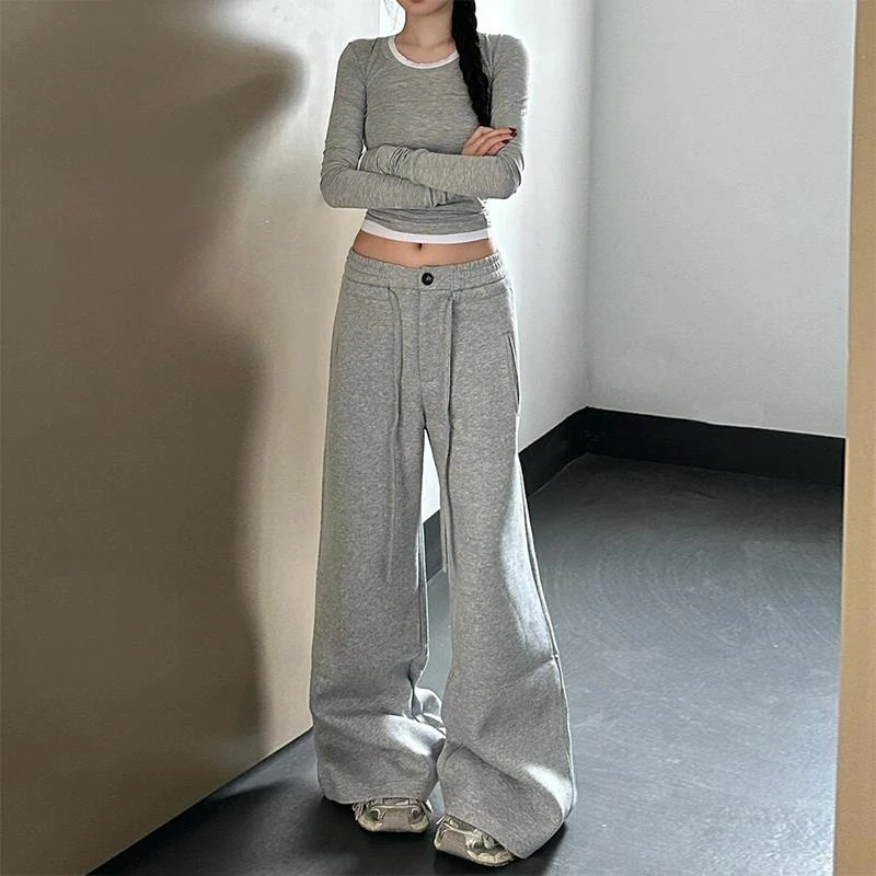 灰色高腰阔腿卫裤女秋冬加绒休闲裤宽松拖地长裤抽绳运动裤