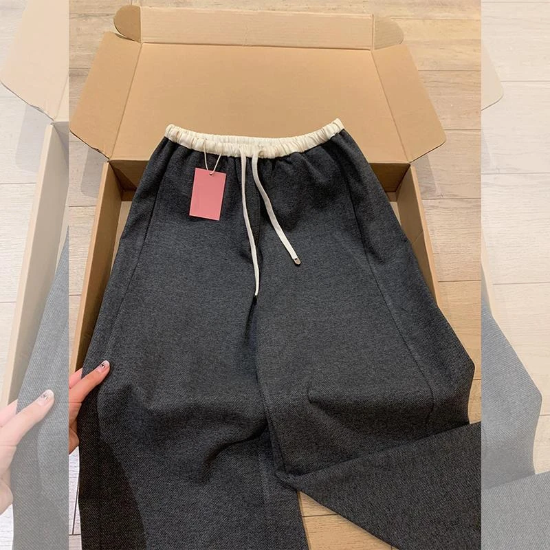 韩系chic撞色拼接松紧腰抽绳直筒裤子秋冬新款气质款显瘦垂感长裤