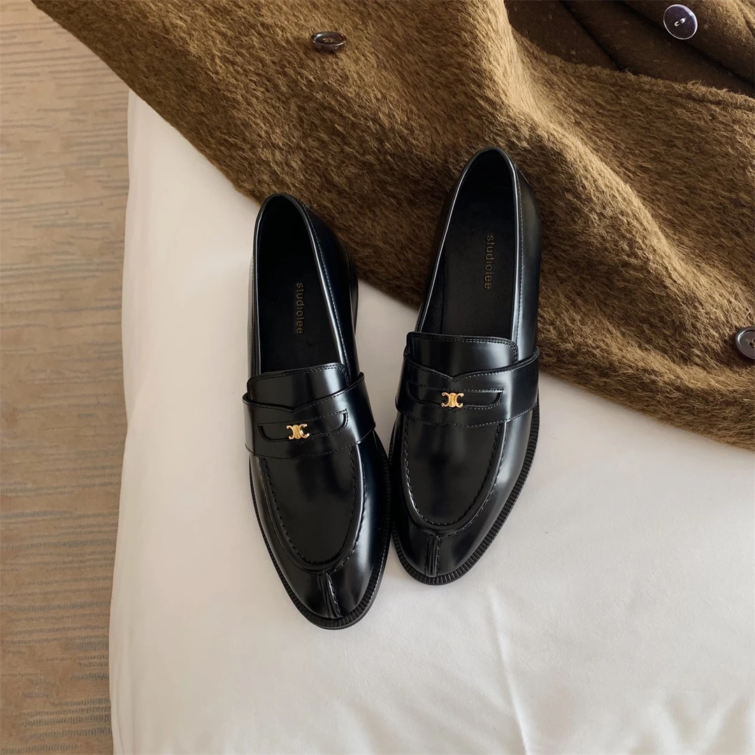 正品耶鲁氛围~英伦风尖圆头小金扣低跟乐福皮鞋女百搭粗跟软底