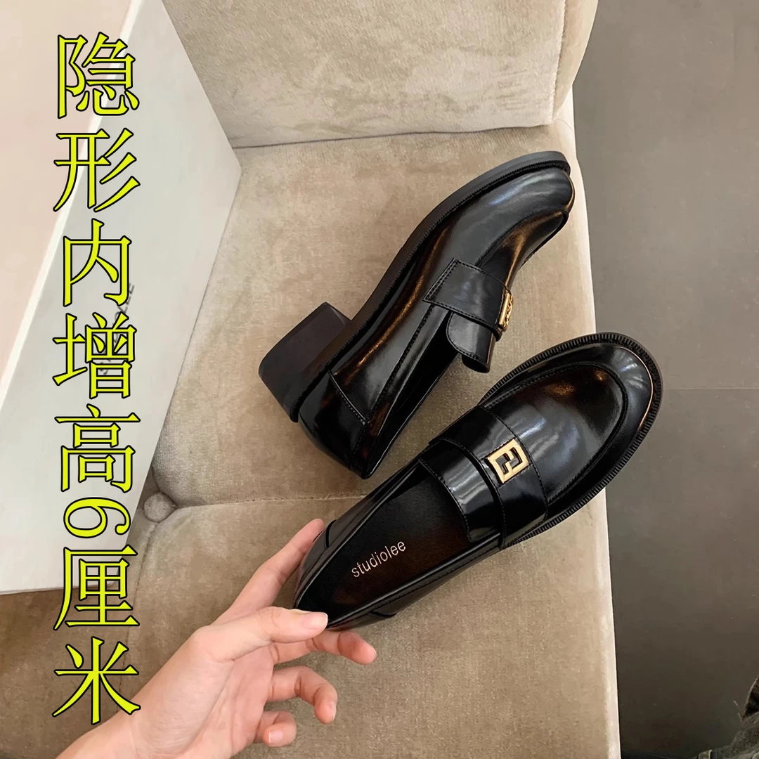 金色小方扣英伦风圆头粗跟内增高乐福小皮鞋女时尚百搭黑色ol