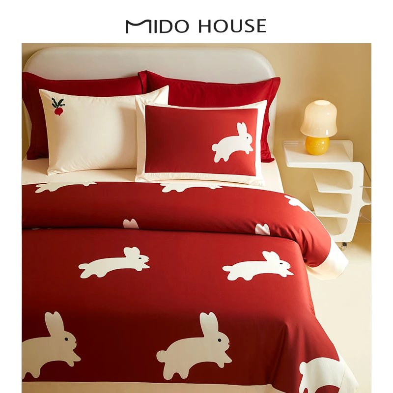 MIDOHOUSE「墩墩兔」全棉床品套件三四件套纯棉被套婚庆喜庆贡缎