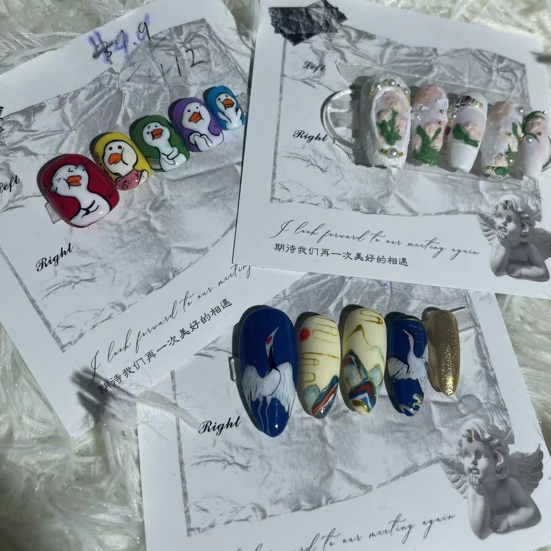 遇见  山涧野鹤手绘定制遇见纯手工可拆卸高端定制穿戴甲光疗夏日