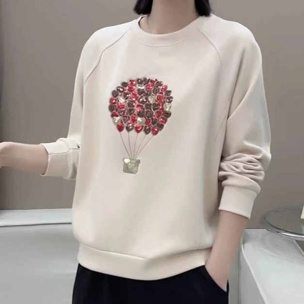 2024秋季新款女士长袖卫衣休闲薄款宽松百搭重工时尚圆领-8896