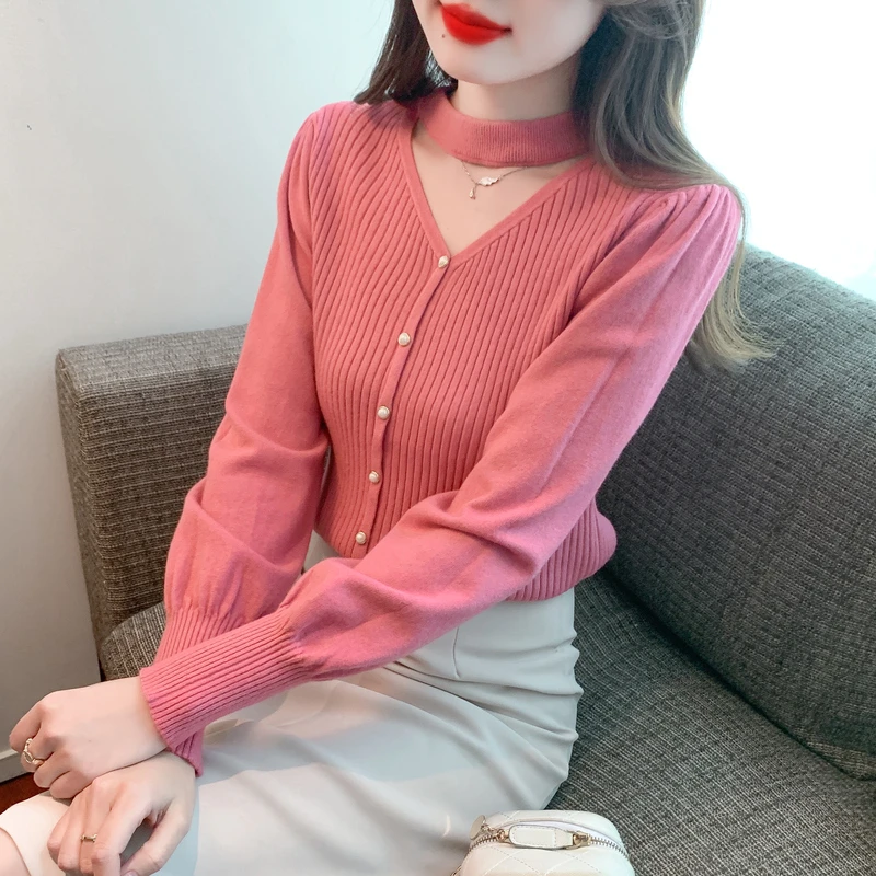 打底衫女装2024秋冬时尚洋气长袖内搭上衣V领镂空挂脖针织衫毛衣