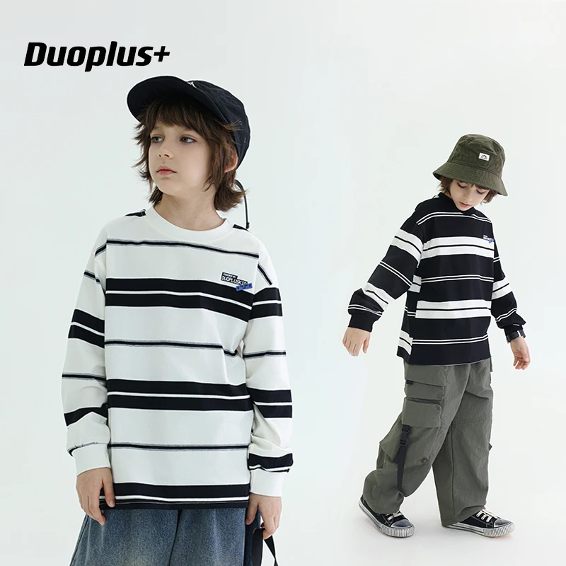多加潮牌童装儿童长袖条纹t恤2024秋装新款男童打底衫中大童上衣