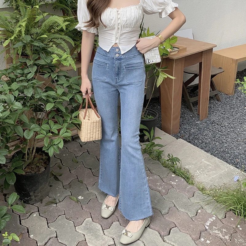 弹力修身微喇高腰牛仔九分裤/长裤 腿精