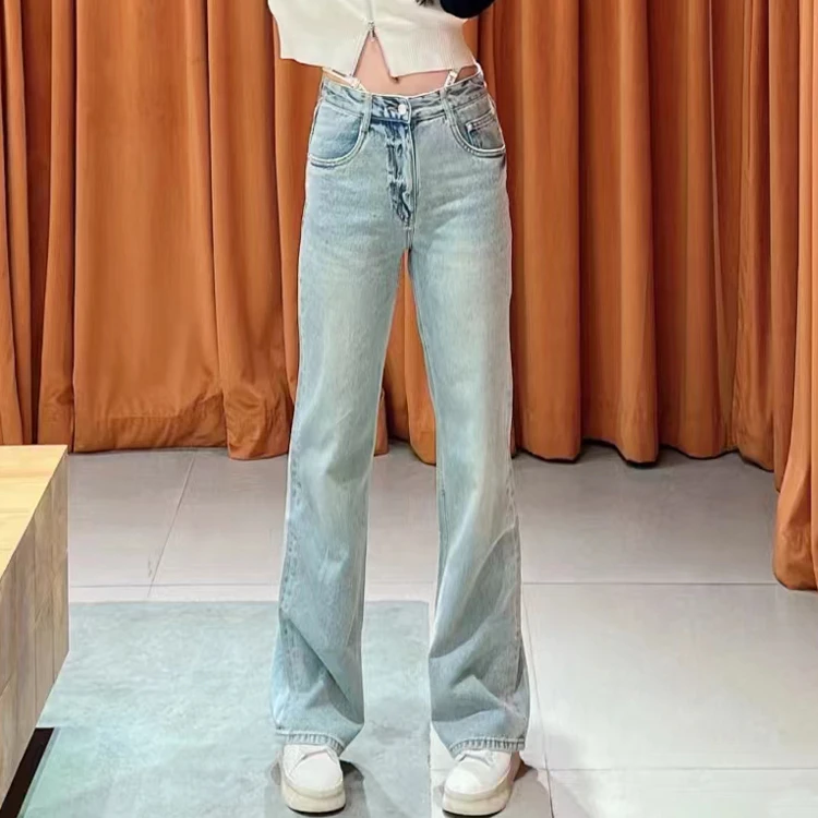 2024秋季新品可拆细带显瘦显腿长棉质窄版直筒牛仔裤女MBD3JEN027