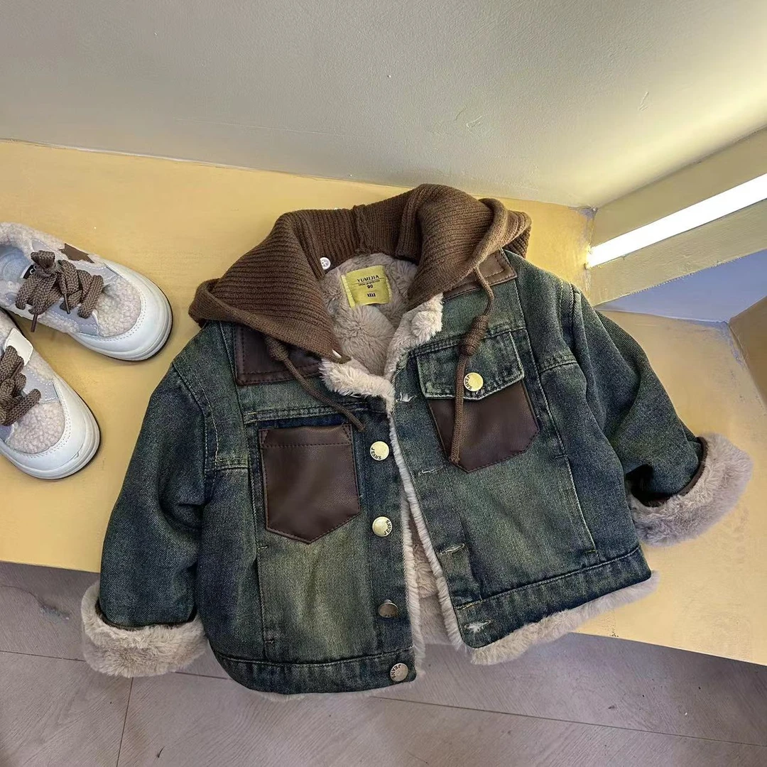 2023秋冬季新款韩版儿童加厚复古拼皮连帽牛仔克服洋气冬款小童韩