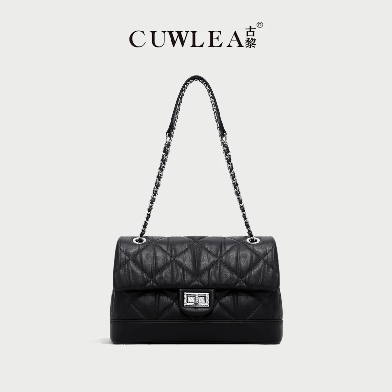 【CUWLEA/古黎】小香风新款女包绣线菱格百搭斜挎包GL-3580（送挂件）