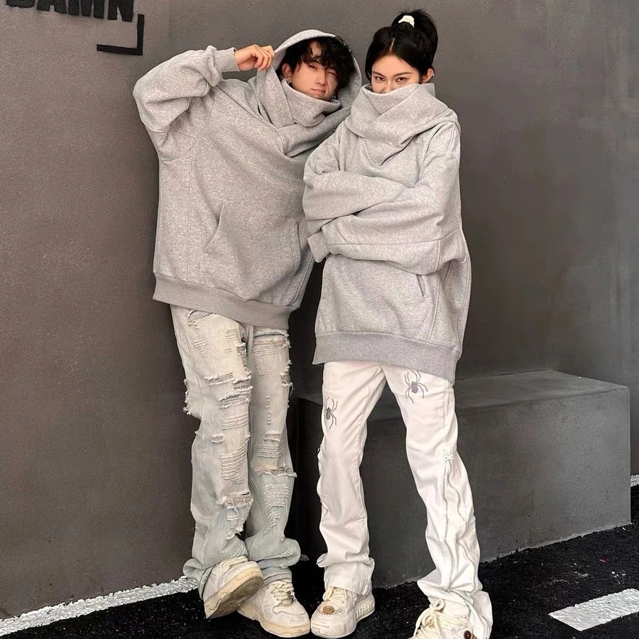 2023秋冬情侣装美式街头潮牌高领连帽卫衣男女小众设计感宽松上衣