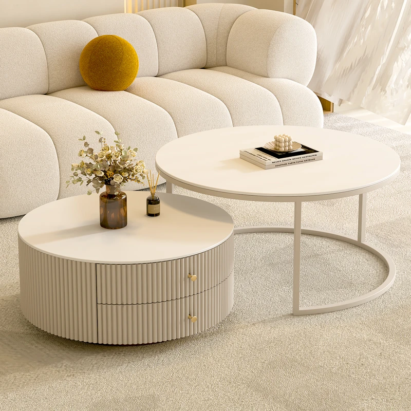 艺难忘岩板茶几客厅家用简约现代小户型奶油风轻奢网红圆形茶几桌