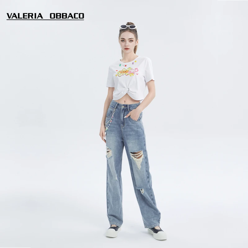 VALERIAOBBACO/瓦莱丽娅 奥贝科玩趣系列蓝色小怪兽破洞牛仔裤