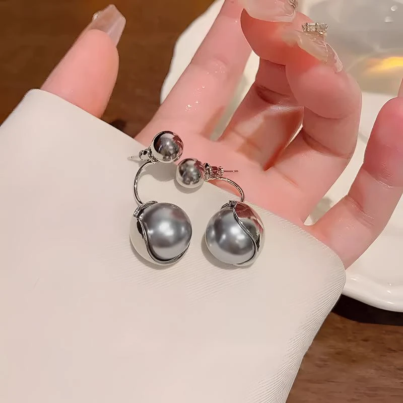 铜合金耳饰 冷淡风前后戴灰珠珠耳环小众925银针耳钉高级感耳饰女