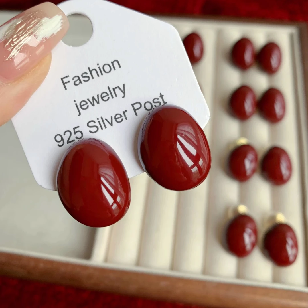 铜合金耳饰 「微醺红豆」复古滴釉安可拉红椭圆大水滴精致耳环耳钉