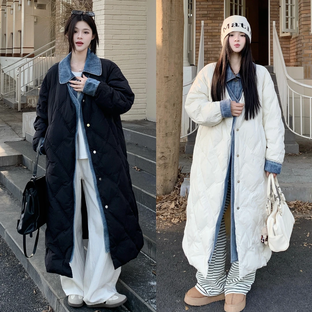 韩版外套秋冬季新款长款大衣大码女装显瘦气质假两件牛仔拼接棉服